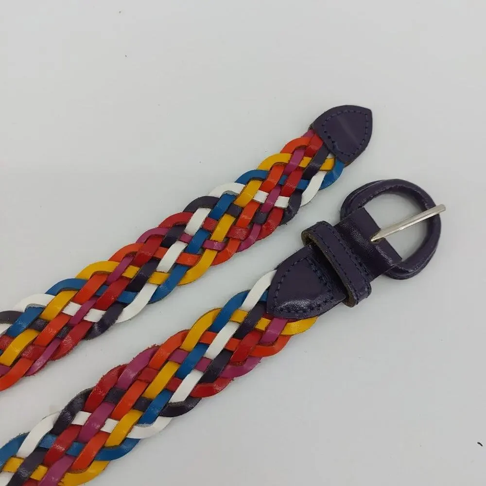 Vintage Women's Braided Woven Weaved Multicolored Genuine Leather Belt Size S